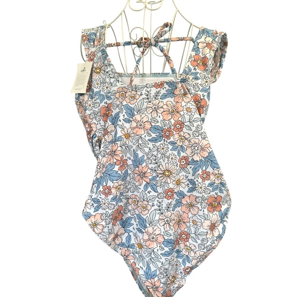 B2PRITY Swimsuit Women Large Blue Floral One Piece Ruched Tummy Control Ruffle - Picture 3 of 6